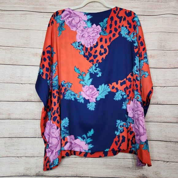 IMAN Global Chic Reversible Printed Poncho Top Floral Leopard Print Women's M/L - Picture 7 of 16